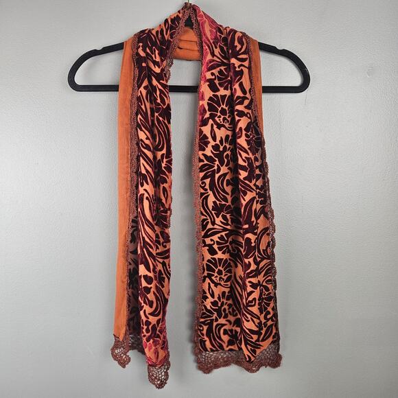 Cejon Accessories Inc. Accessories - Burnout Velvet Silk Orange Floral Boho Gypsy Indie Y2K Romantic Lace Trim Scarf